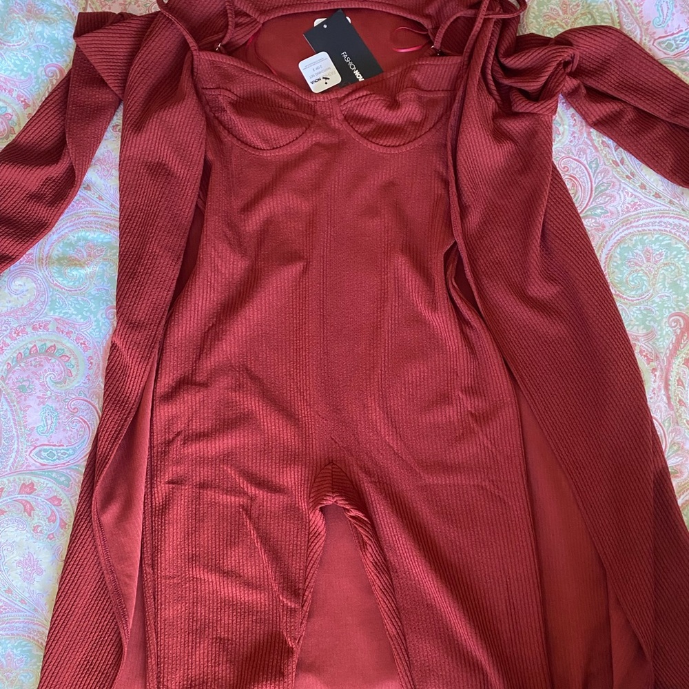 Fashion Nova Red Bodysuit & Cardigan Set